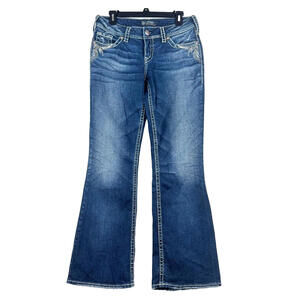 Silver Suki 29x30 Embroidered Pockets Boot Cut Flare Distressed Denim Jeans